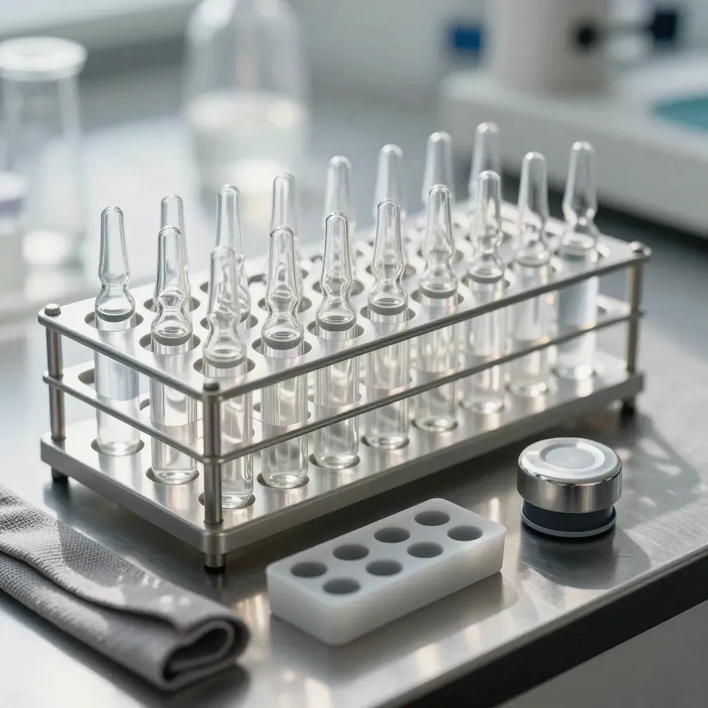 Overhead macro of lab vials, ampoules, stoppers, and a steel cap on brushed metal.