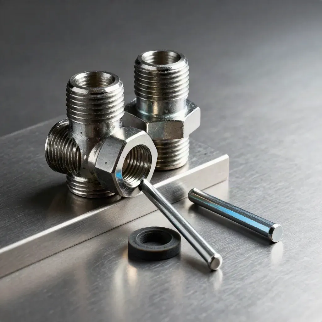 Steel couplings, hex keys, spacer and gasket on brushed metal with a cool blue accent.