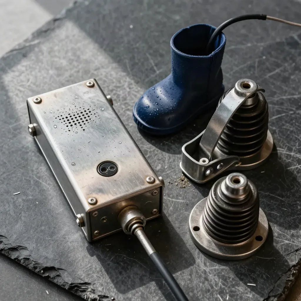 Top-down rail maintenance still life with signal relay parts on dark stone.