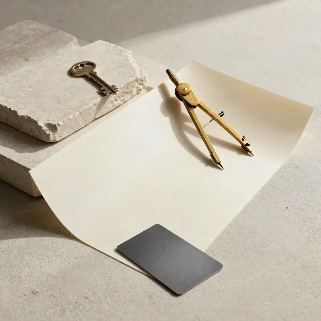 Top-down architect flat lay with vellum, stone sample, brass compass, and graphite card.