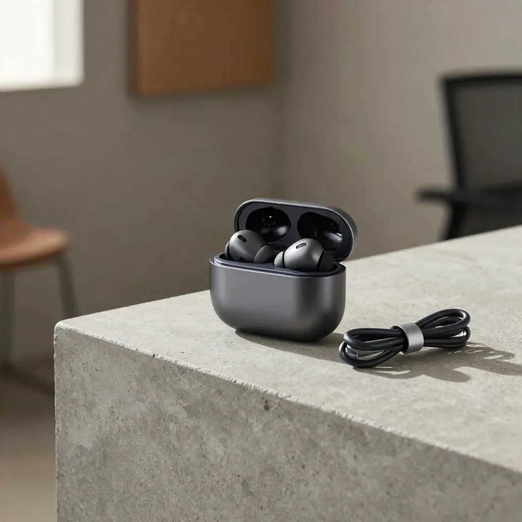Speakerphone puck, open earbuds case, and cable tie on a concrete ledge.