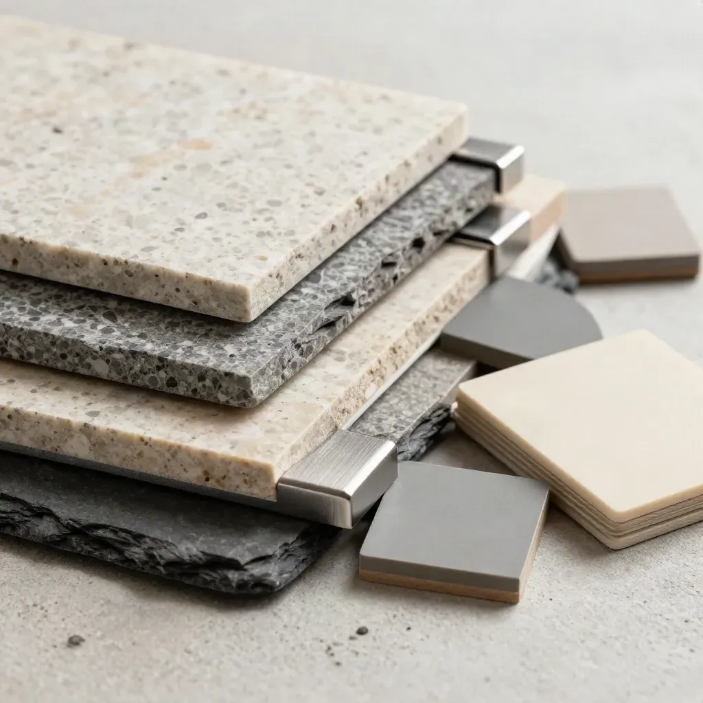 Macro still life of stone chips, metal brackets, and sample pucks on pale concrete.