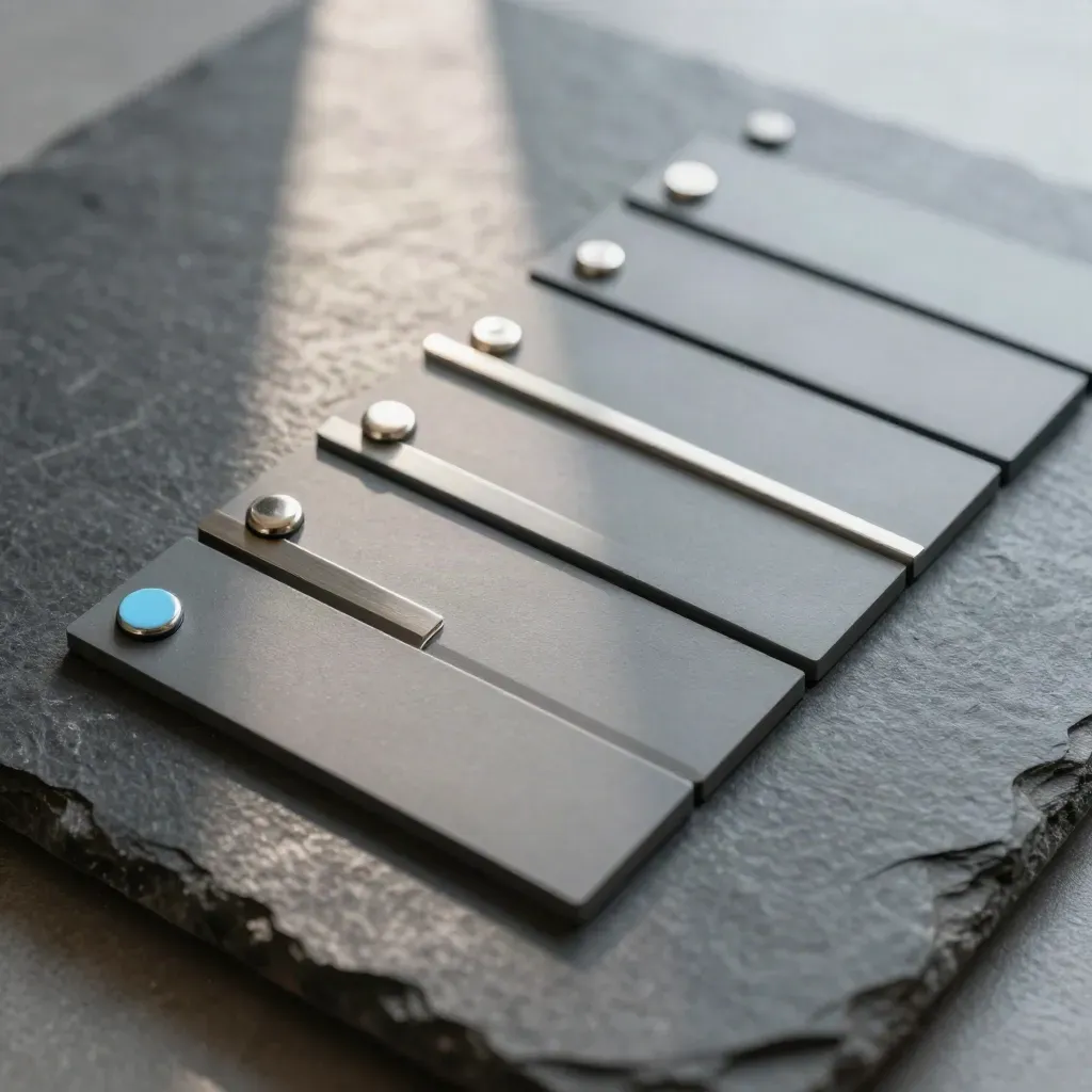 Overhead macro of magnetic task tiles, aluminum lane bars, and steel clips on dark stone.