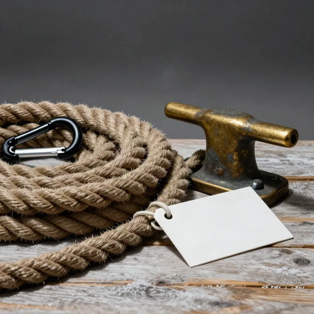 Maritime logistics still life with rope coil, brass cleat, carabiner, and white tag clip on pale wood.