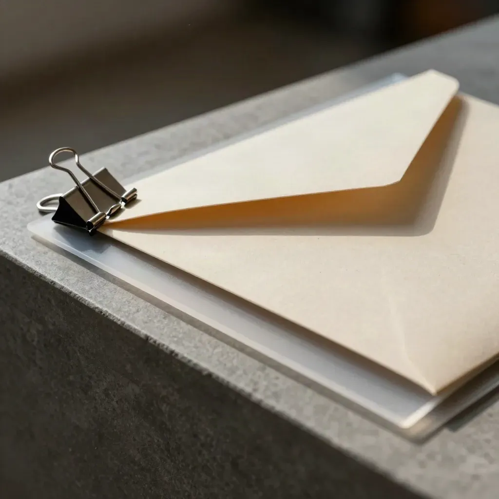 Translucent file sleeves, archival envelope and metal binder clip on stone, lit with soft raking light.
