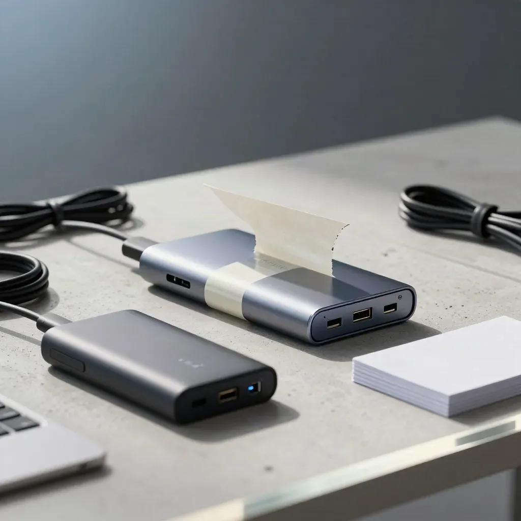 Prototype enclosure, USB-C hub, power bank, and blank index cards on a concrete build desk.