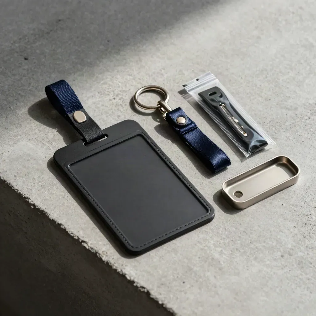 Flat lay of onboarding kit items on concrete with badge holder, key fob, cable ties, and clip tray.