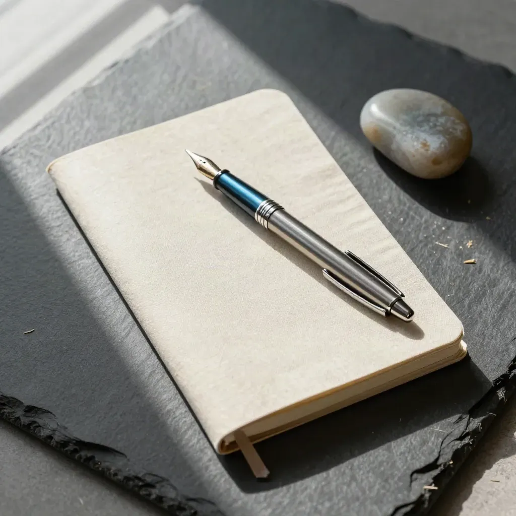 Closed linen notebook, fountain pen, and stone paperweight on slate in soft daylight.