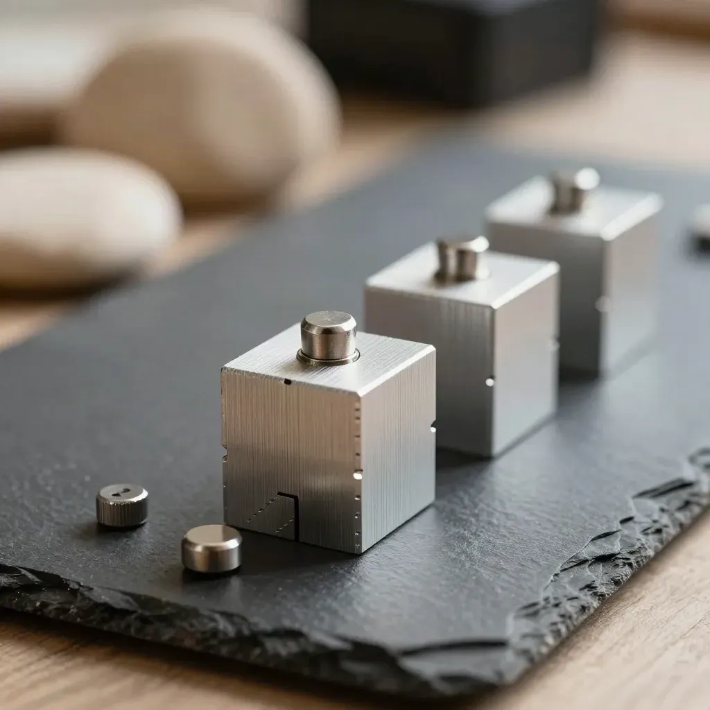 Aluminum timeline blocks and three steel markers on graphite slate, macro still life.