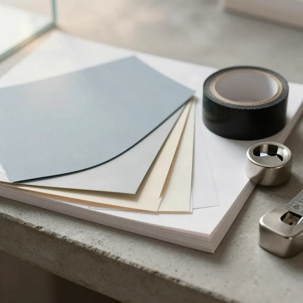 Macro agency still life with swatch fan, proof sheets, gaffer tape and metal paperweight.