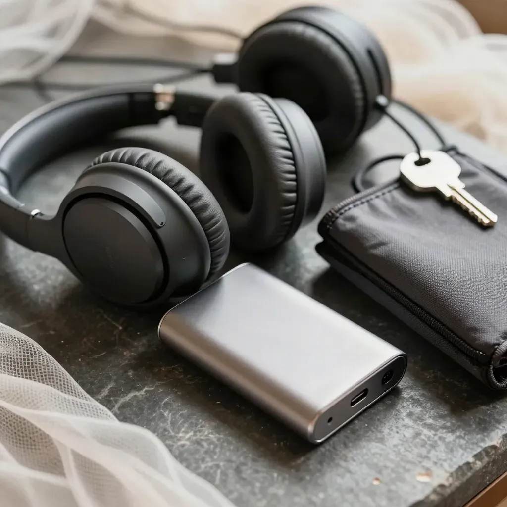 Travel headphones, adapter, power bank, and cable pouch on dark stone, shot through mesh.
