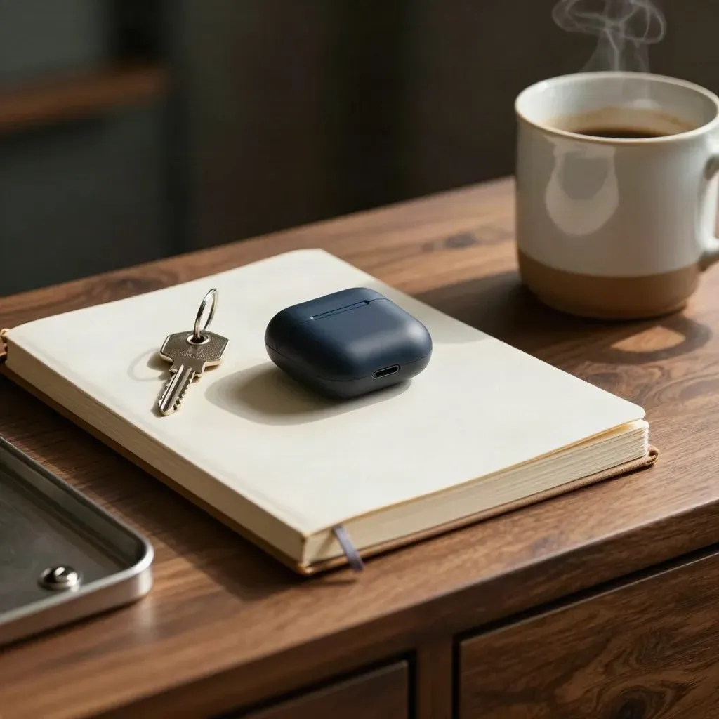 Closed notebook, earbuds case, metal tray, and ceramic mug on walnut in dramatic low light.