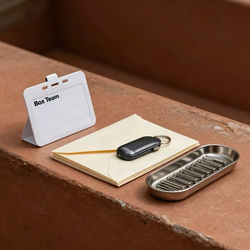 Onboarding kit with badge holder, envelopes, key fob, and clip tray on terracotta ledge