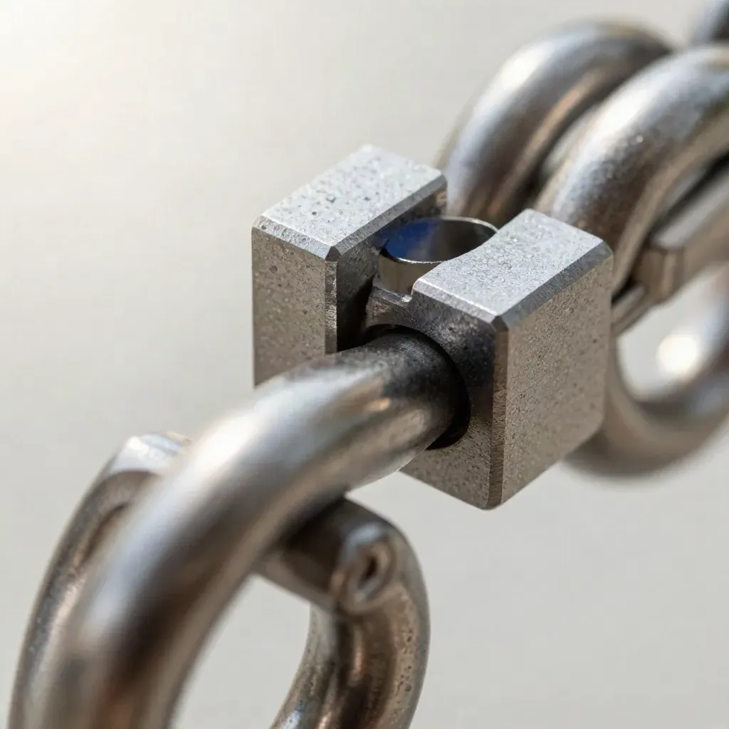 Extreme macro of steel rings, connector block, and bridge piece on brushed metal with navy reflections.