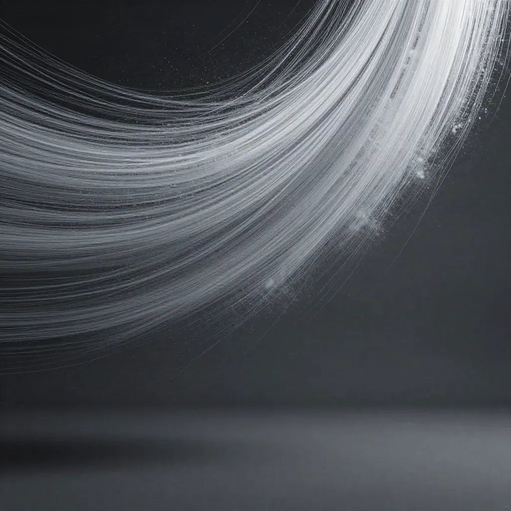 Silver filaments stream through graphite space toward a soft white bloom, with open calm space for copy.