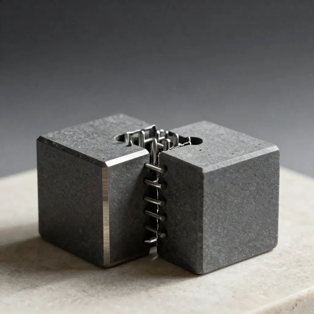 Interlocking graphite blocks and pin cluster on limestone, lit dramatically with dust in the beam