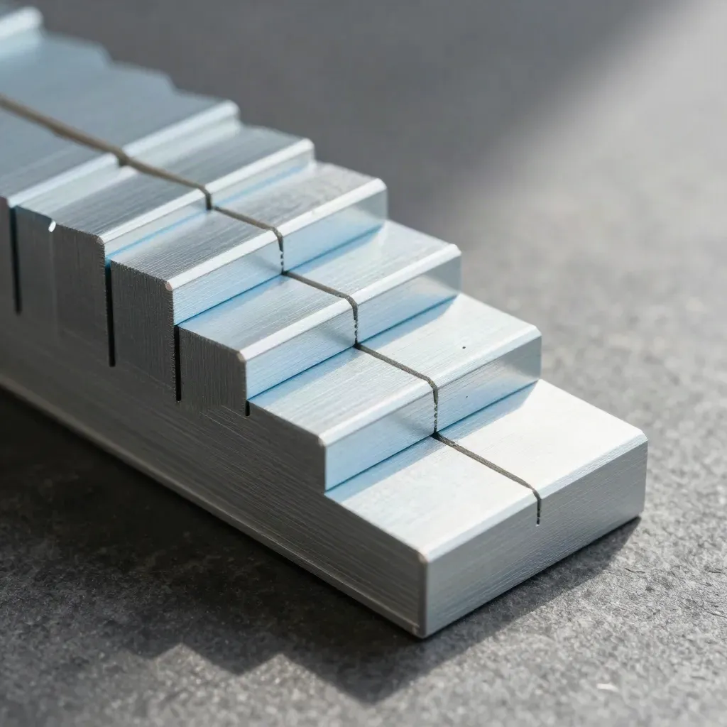 Overhead diagonal of stepped anodized aluminum modules linked by a slim bar on graphite stone.