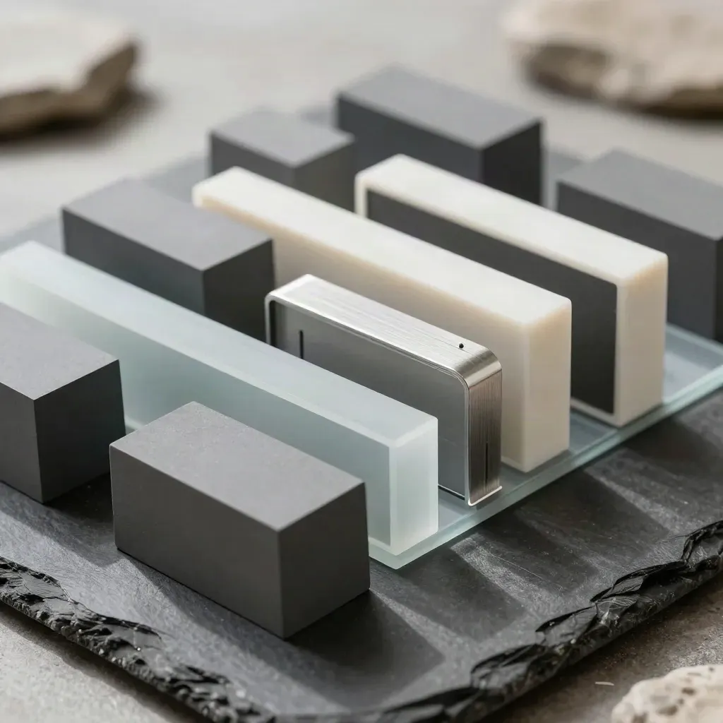 Graphite modular blocks and frosted glass frames arranged as a precise workflow still life.